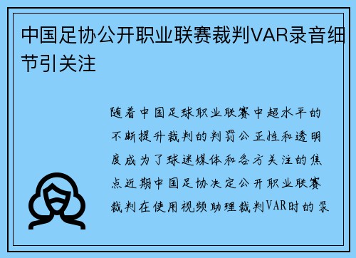 中国足协公开职业联赛裁判VAR录音细节引关注 中国足协公开职业联赛裁判VAR录音细节引关注