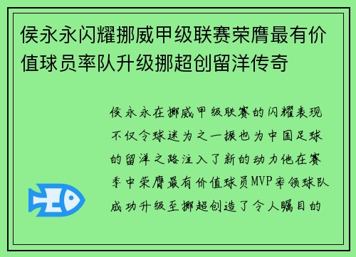 侯永永闪耀挪威甲级联赛荣膺最有价值球员率队升级挪超创留洋传奇 侯永永闪耀挪威甲级联赛荣膺最有价值球员率队升级挪超创留洋传奇
